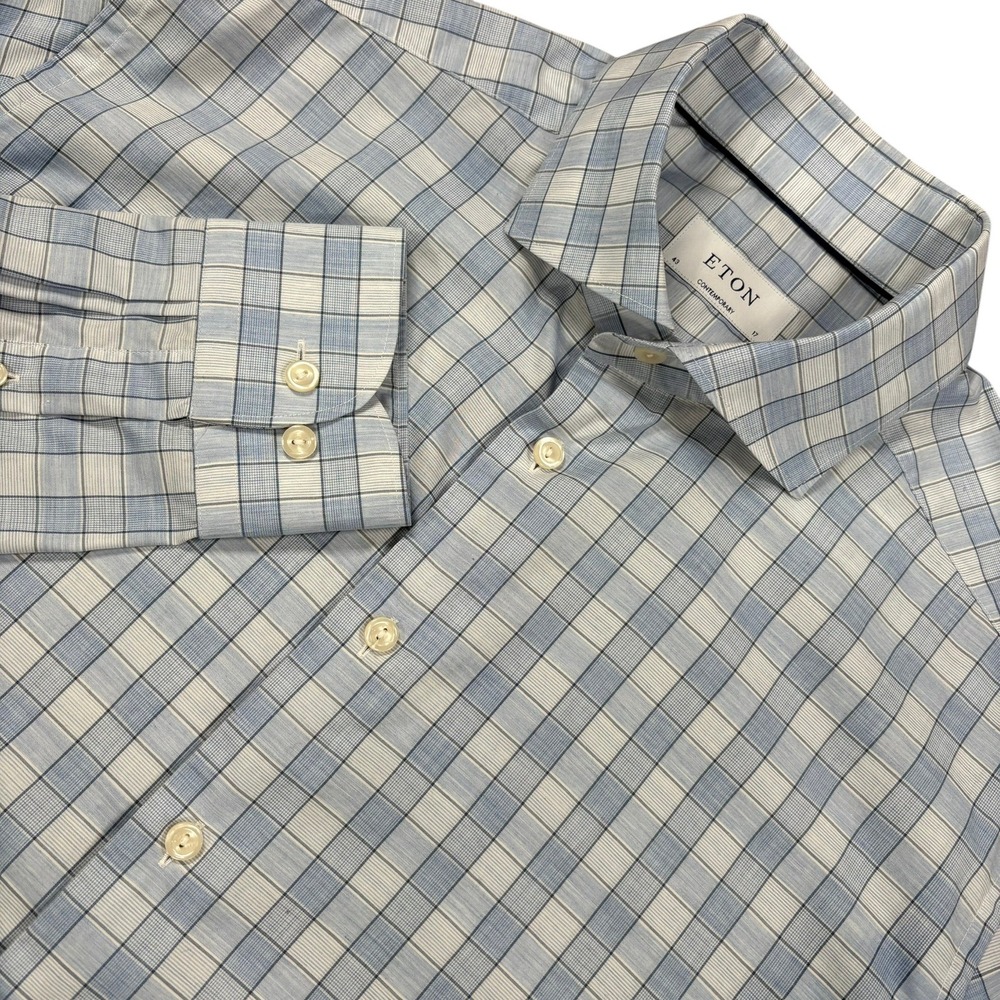 ETON Contemporary Fit Dress Shirt Mens 17 Blue White Check Plaid Long Sleeve